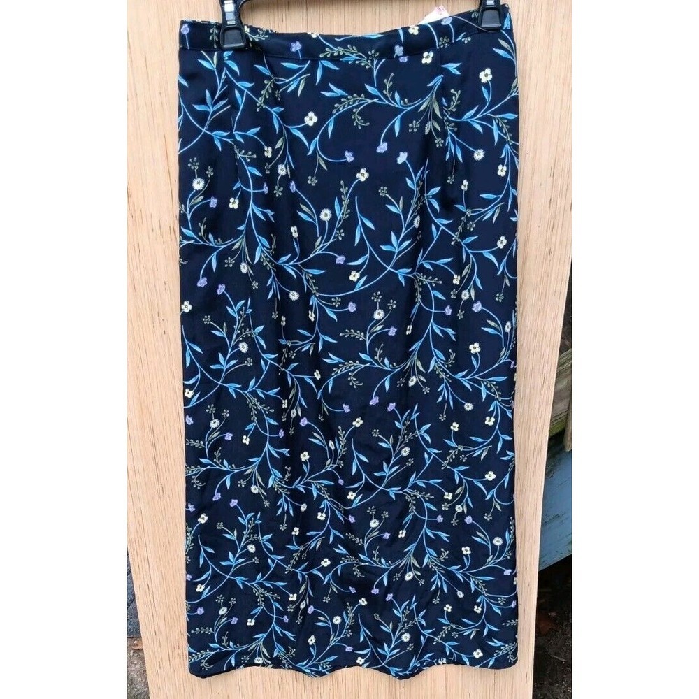 Vintage 80s TR Bentley Plus Blue Floral Rayon Maxi Skirt Elastic Back Women 24